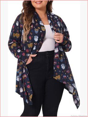 Plus Size Halloween Owl Cardigan Flowy Print Open Front Knitting Sweater